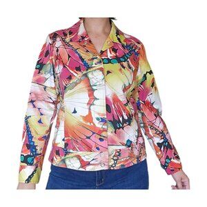 Chico's Butterfly Cotton Summer Jacket Women Size 2 Large Pink Yellow Lined Snap